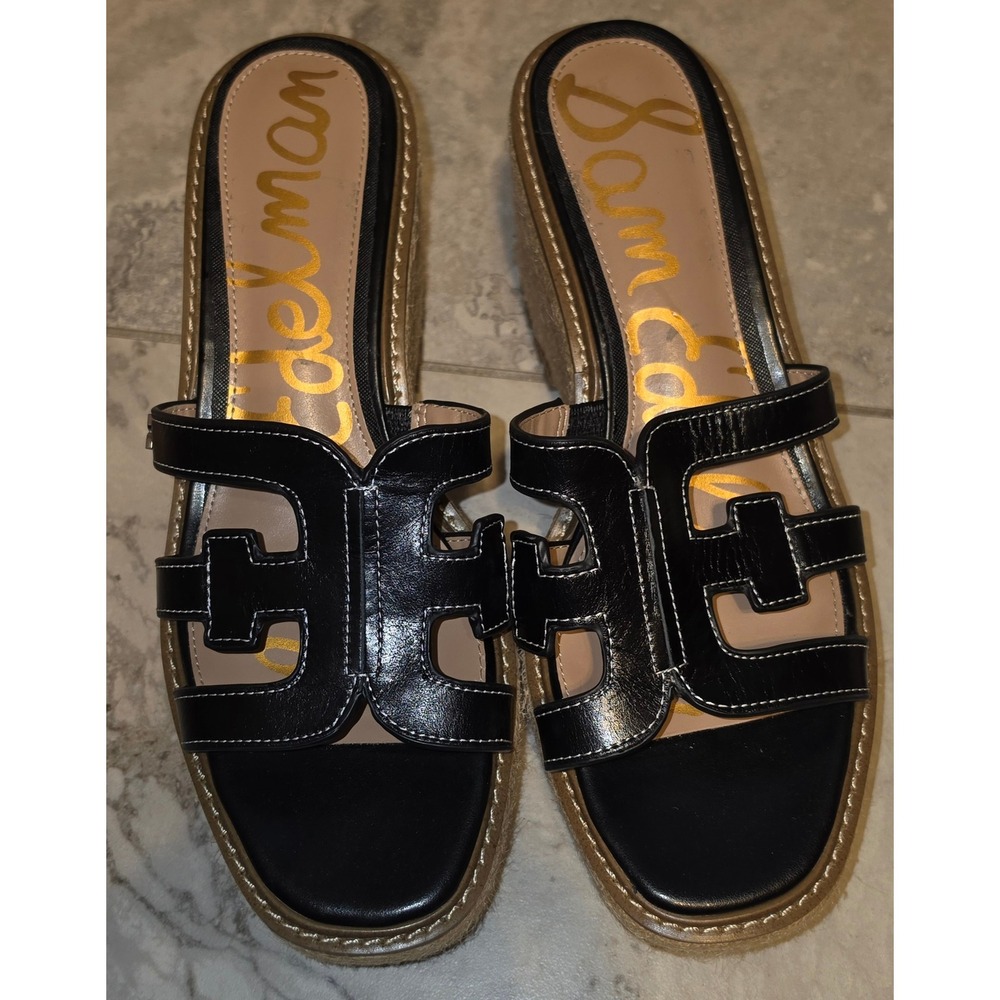 Sam Edelman‎ Laine Black Leather Espadrille Platform Wedge Sandals 9.5M Anthro